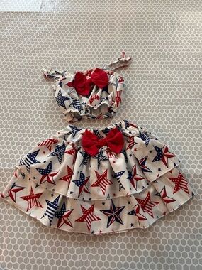Red White & Blue Star Two-Piece Ruffle Set with Red Bows. Size 3/4T